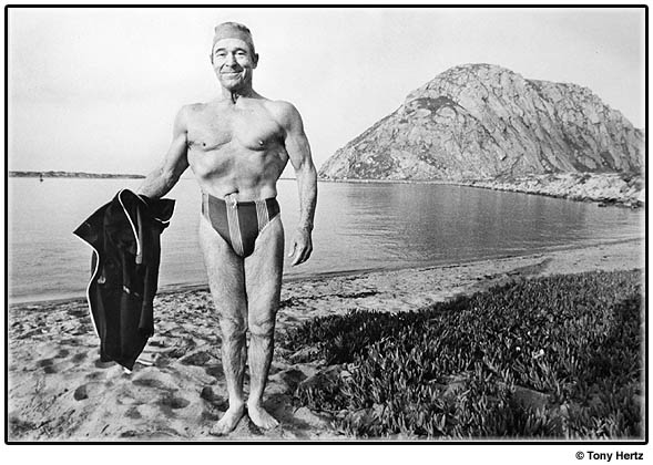 Jack LaLanne pauses after a swim in Morro Bay, CA.